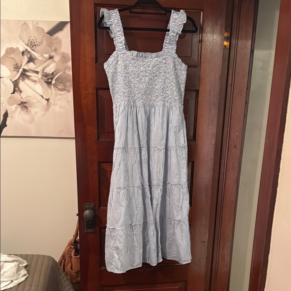 J. Crew Blue and White Smocked Midi Sundress